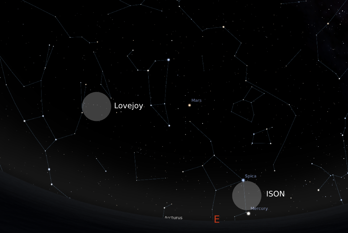 Ilustrasi langit timur jelang fajar. Komet ISON terletak di antara Merkurius dan Spica, komet Lovejoy di antara Leo dan Ursa Major.