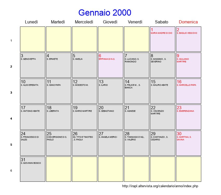 calendario 2000 gennaio