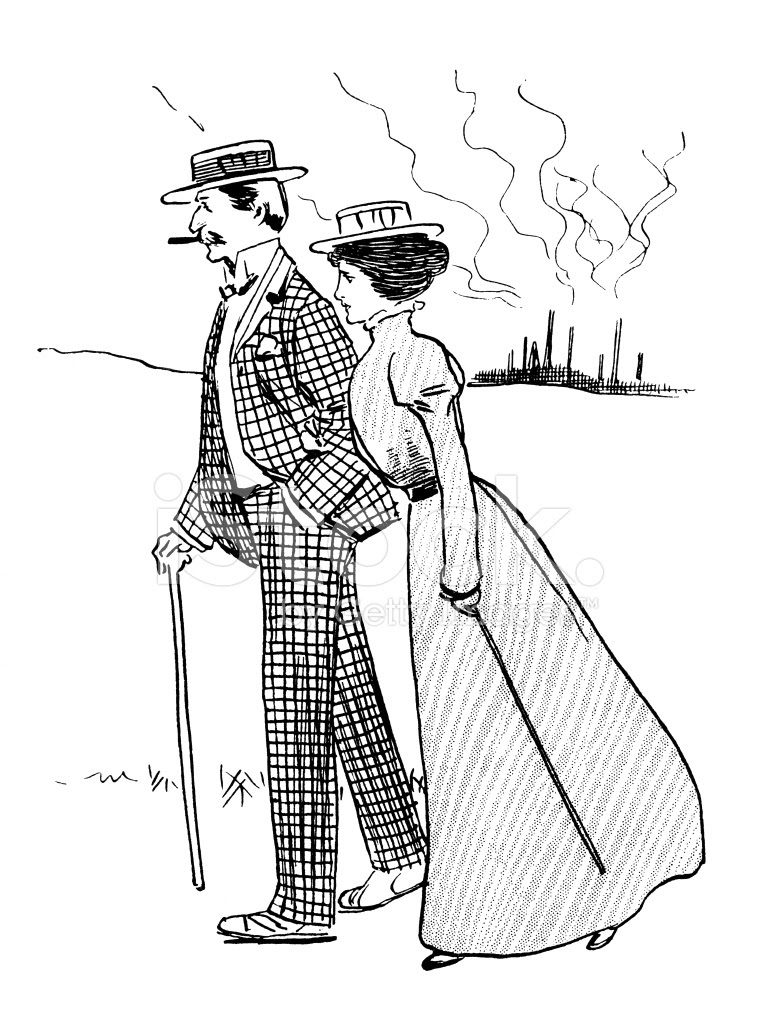 758x1024 Victorian Man And Women Walking Outside A City Stock Vector
