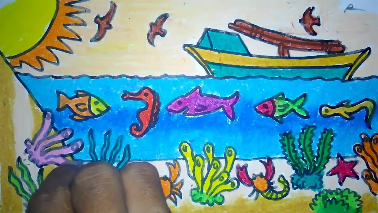 Garis ini adalah cakrawala yang mempertemukan lautan dan langit. Cara Melukis Pemandangan Dasar Laut Otosection