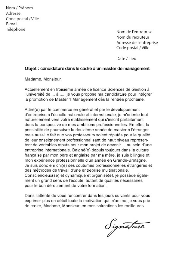 lettre de motivation de master - Modele de lettre type