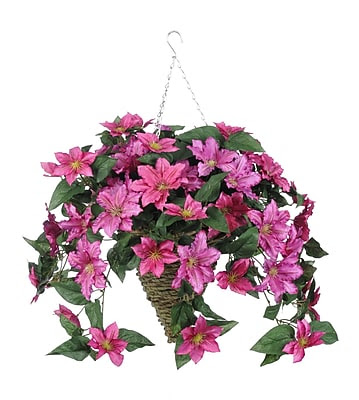House of Silk Flowers Artificial Clematis Hanging Plant in Cone Basket; Pink