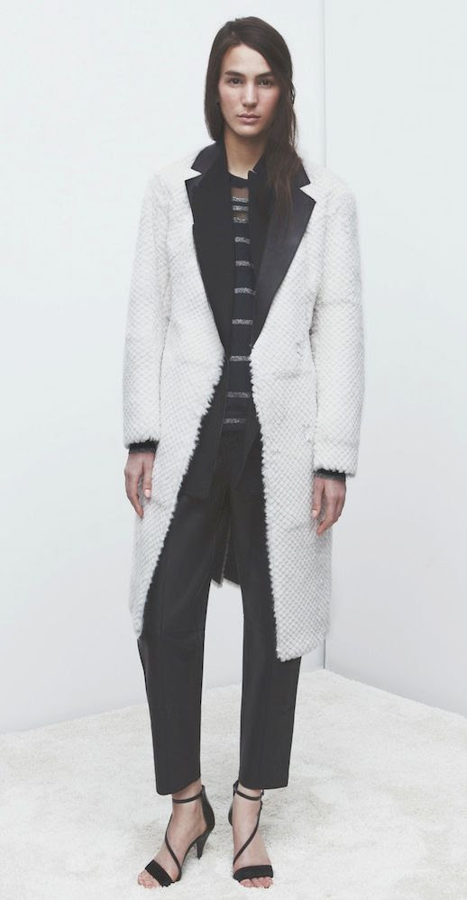 LE FASHION BLOG 3.1 PHILLIP LIM HOLIDAY 2013 LOOKBOOK WHITE TEXTURED RABBIT FUR COAT LEATHER LAPELS METALLIC SHEER STRIPED SHIRT CROPPED BLACK PANT TROUSERS STRAPPY HEELS SANDALS Quill Asymmetrical Sandals MINIMAL CLEAN  5 photo LEFASHIONBLOG31PHILLIPLIMHOLIDAY2013LOOKBOOKWHITECOATLEATHERLAPELS5.jpg
