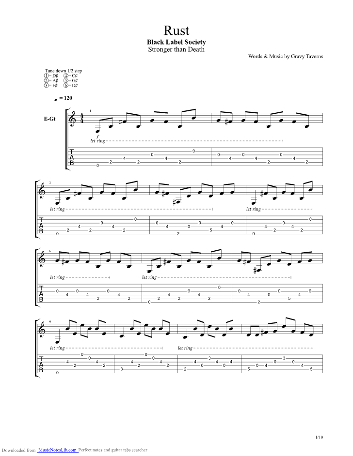 Rust guitar pro tab by Black Label Society @ musicnoteslib.com