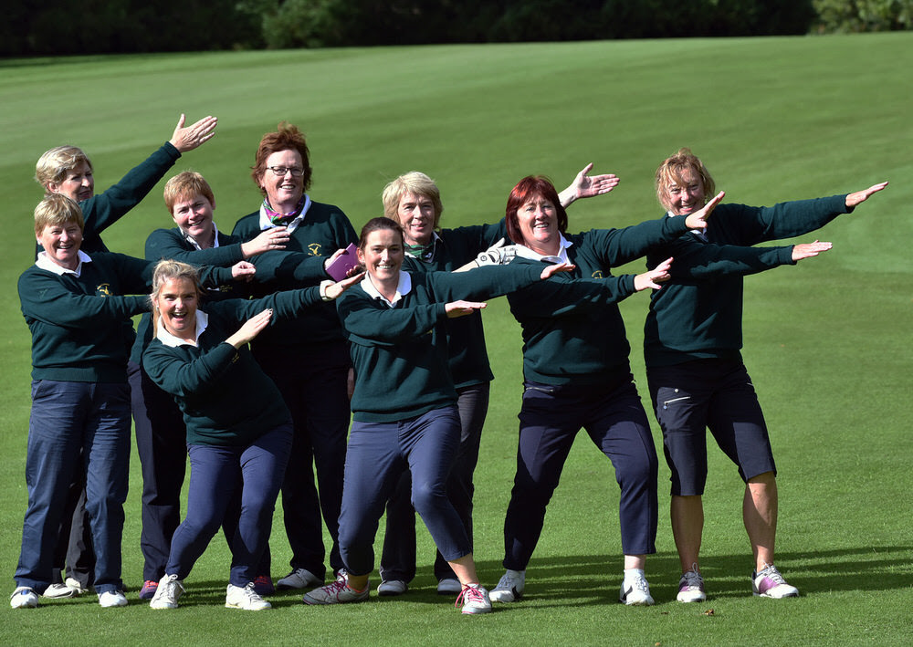 Portumna Ladies Team (from left) Kathleen Lynch, Brid Kelly, Mary Kelly, Anne Fahy (Team Manager), Pauline McEvoy, Mary McElroy, Mary Madden, Carmel Cunningham and Bernie Kilmartin celebrate winning the Junior Foursomes at the AIG Ladies Cups & Shields All Ireland Finals at Malone Golf Club (30/09/2017). Picture by Pat Cashman
