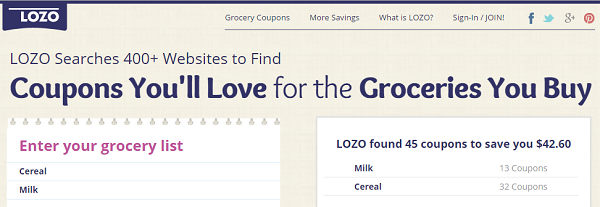 LOZO.com finds grocery coupons based on the grocery item names you entered.