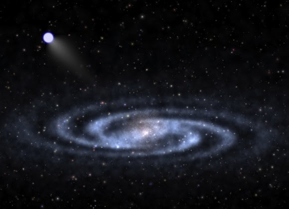 Artist's conception of a hyperveloctiy star heading out from a spiral galaxy (similar to the Milky Way) and moving into dark matter nearby. Credit: Ben Bromley, University of Utah