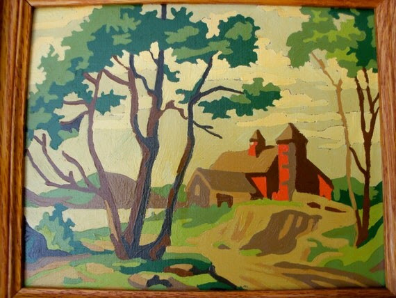 Vintage Paint By Number framed Barn in Summer Time Free Shipping
