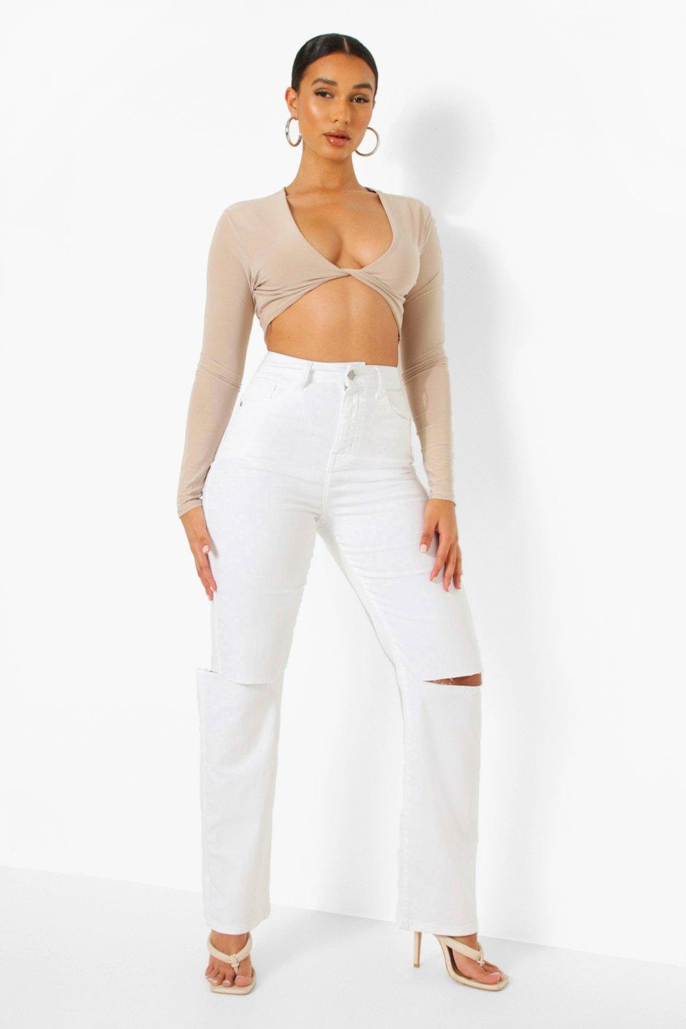 Womens Slashed Knee Wide Leg Jeans - White - 4