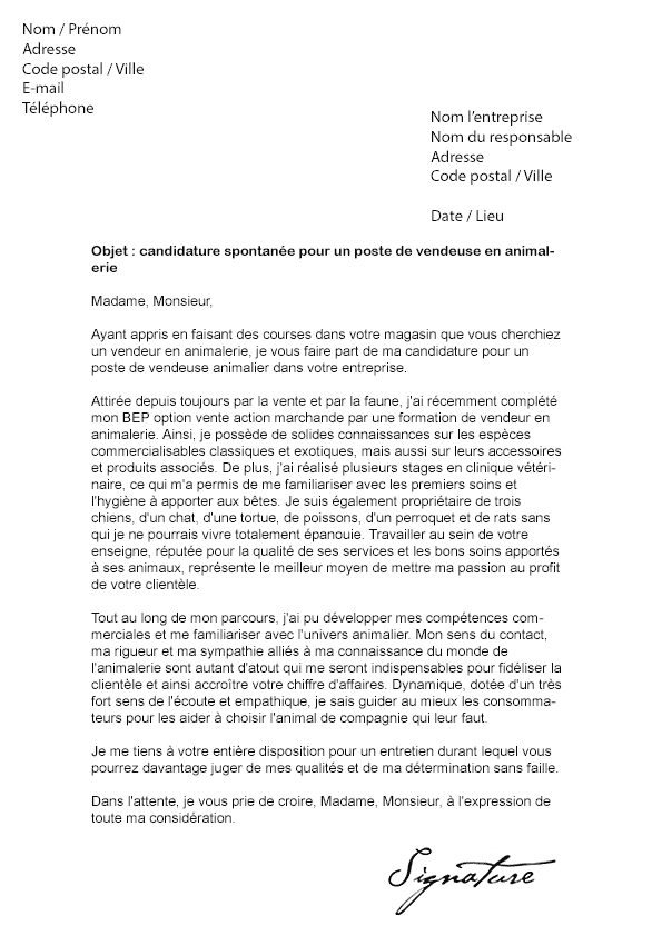 Lettre de motivation Vendeuse en animalerie - Modèle de Lettre
