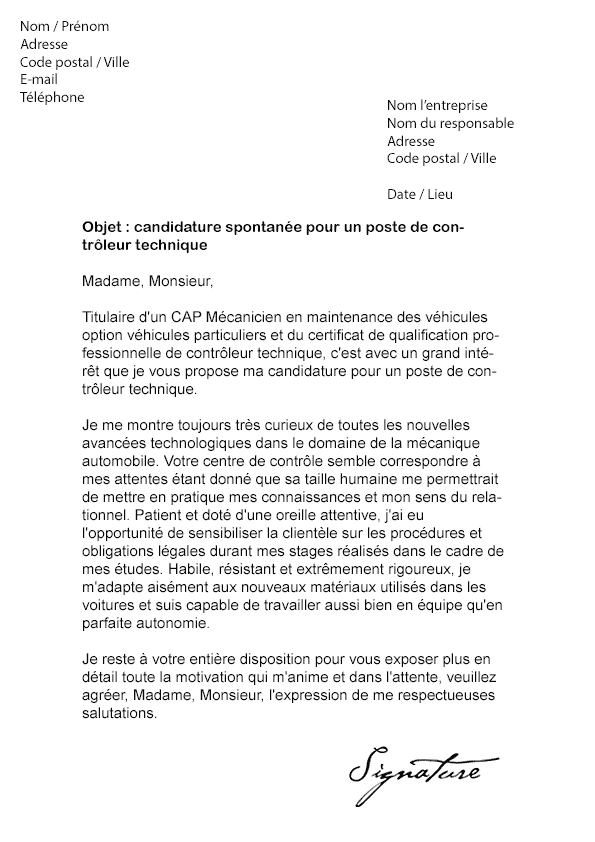 Lettre de motivation Contrôleur Technique (Automobile 