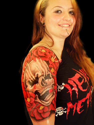 Skull and Flower Tattoo on Women Arm Skull and Flower Tattoo on Women Arm