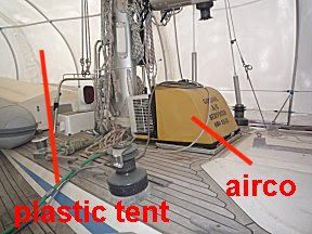 boot achter gelaten met tent en airco.