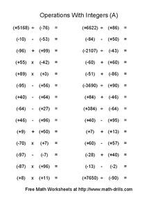 Operations with Integers (A) Worksheet for 6th - 7th Grade ...