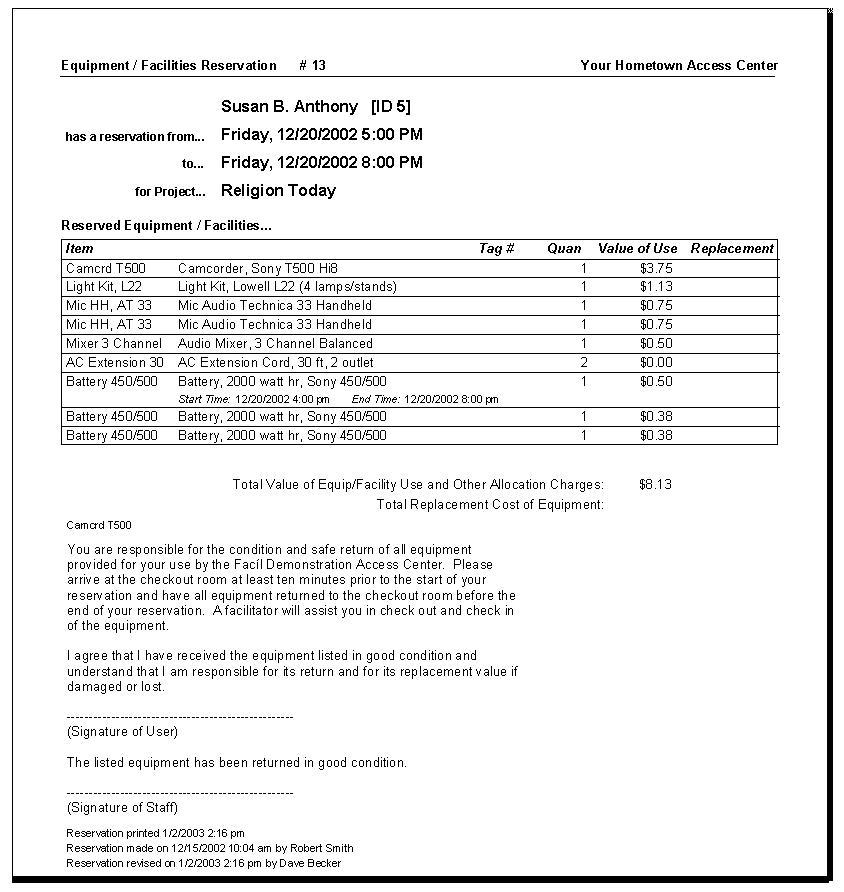 Facil Line Tour Reservation Receipt Printout