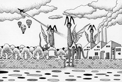 ペン画 インクで描いたイラスト 工場 工場地帯 怪獣 モンスター 木々 スモッグ 気球 飛行機 雲
