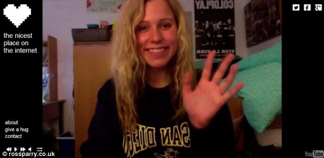 A website claims to be the 'nicest place on the internet' and happy people have signed up to spread their positive thoughts and feelings to those who are feeling down by making short videos (a still is pictured)