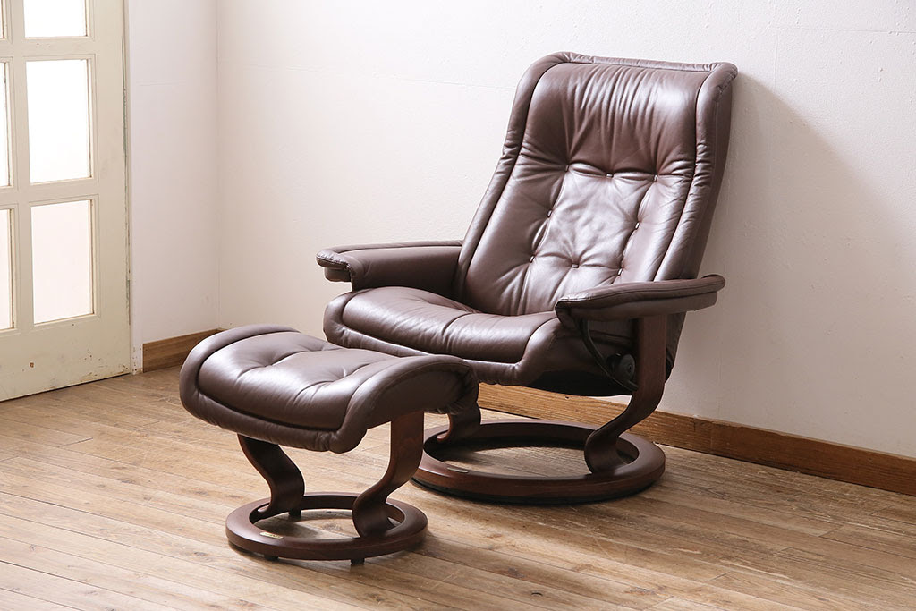 中古 Ekornes エコーネス 本革 ロイヤルシリーズ オットマン付き ストレスレスチェア 定価約46万円 リクライニングチェア アームチェア 椅子 R ラフジュ工房