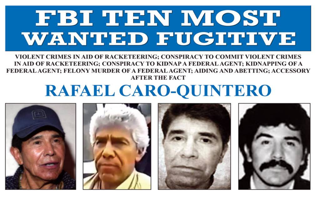 Incluye FBI a Caro Quintero entre los 10 más buscados; ofrece 20 mdd por captura
