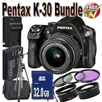 Pentax K30 Digital Camera with 18-55mm Lens Kit + 32GB SDHC Class 10 Memory Card + Extended Life Battery + External Rapid Travel Quick-Charger + USB Card Reader + Memory Card Wallet + Shock Proof Deluxe Case + 3 Piece Professional Filter Kit + Super Wide Angle Lens + 2x Telephoto Lens + Professional Full Size Tripod + Accessory Saver Bundle!