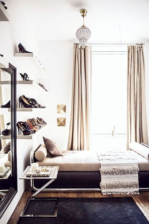 Le Fashion Blog A Fashionable Home Dream Closet Shoe Shelves Dressing Room Rita Hazan New York City Loft Nate Berkus Jeremiah Brent Interior Design Via Domino Floating Wall Shoe Storage Lounge Daybed Tiered Fringe Throw Blanket Navy Rug Side Table Marble Tray Moroccan Faceted Light Pendant Chandelier photo Le-Fashion-Blog-A-Fashionable-Home-Dream-Shoe-Shelves-Dressing-Room-Rita-Hazan-New-York-City-Loft-Nate-Berkus-Interior-Design-Via-Domino.jpg