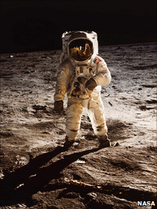 Astronaut Buzz Aldrin, shown on the surface of the moon