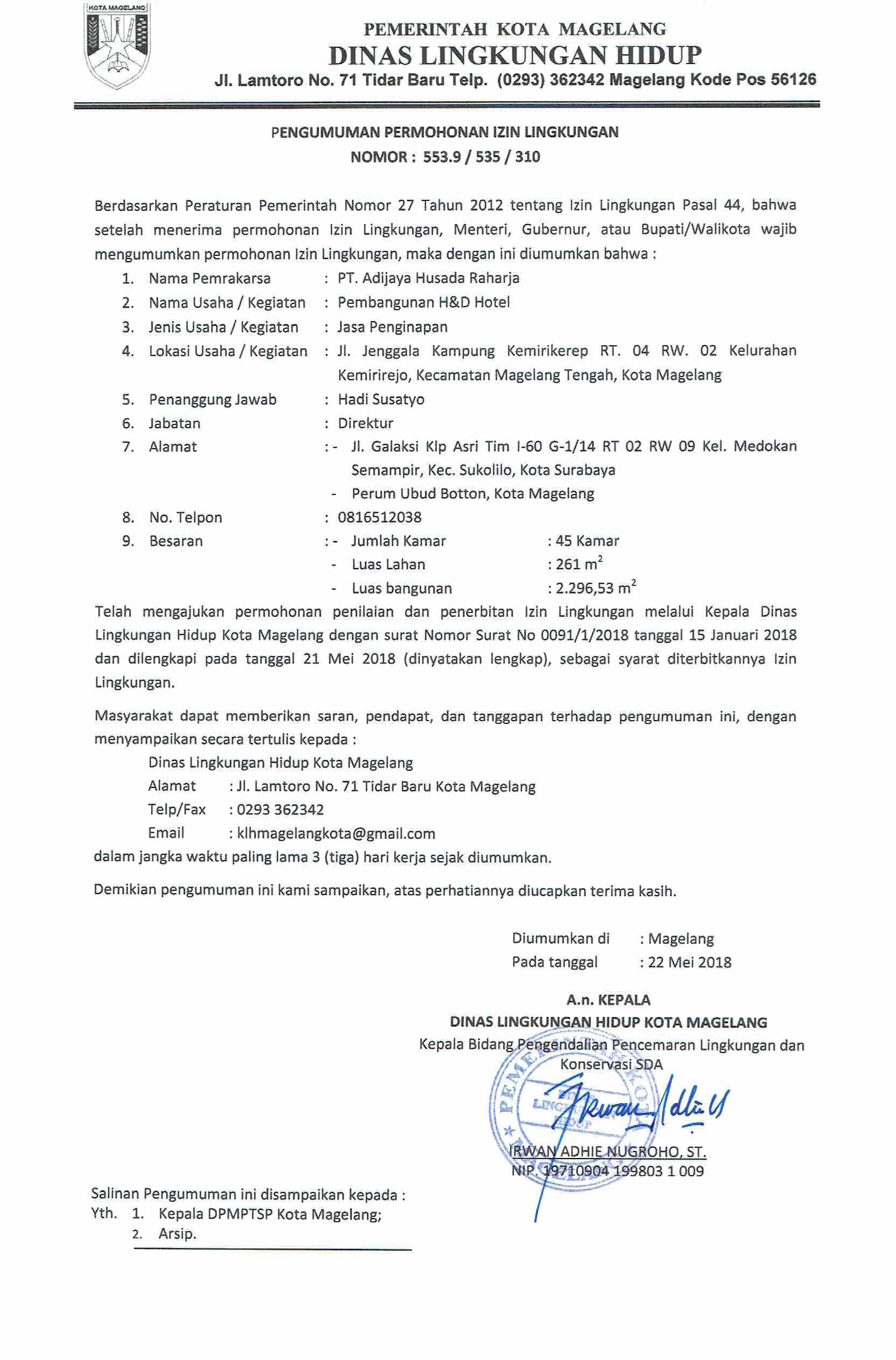 Pengumuman Permohonan Izin Lingkungan Pembangunan H&D Hotel oleh PT