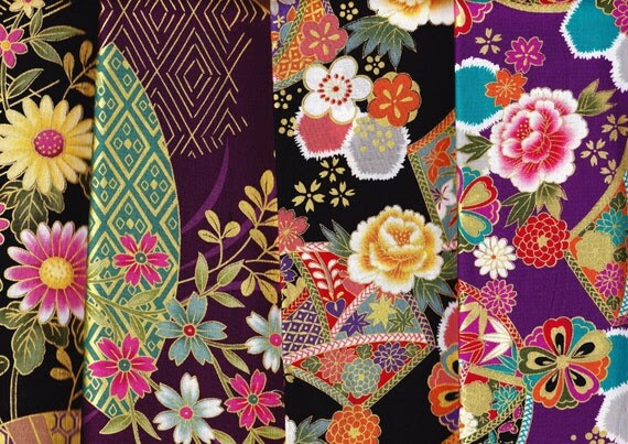 Japanese kimono cotton fabric 4 scraps  flower,