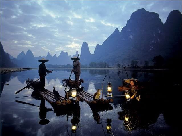 Pêche cormorans rivière Li Yangshuo en Chine