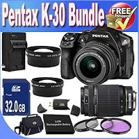 Pentax K-30 Digital Camera with 18-55mm AL and 55-300mm AL Lens Kit + 32GB SDHC Class 10 Memory Card + Extended Life Battery + External Rapid Travel Quick-Charger + USB Card Reader + Memory Card Wallet + Shock Proof Deluxe Case + 3 Piece Professional Filter Kit + Super Wide Angle Lens + 2x Telephoto Lens + Accessory Saver Bundle!