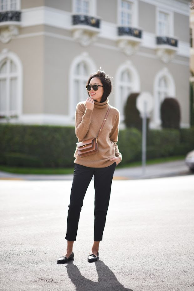 Le Fashion Blog Blogger Anh Fall Cashmere Turtleneck Sweater  Round Sunglasses Slim Trousers Cross Body Bag Leather Pointy Flats Via 9 To 5 Chic