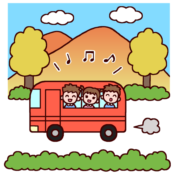楽しいバス カラー 遠足の無料イラスト 秋の季節 行事 保育素材