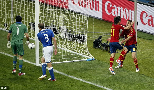 Heads I win: Silva scores the opening goal past Italy goalkeeper Buffon