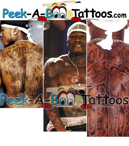 50 cent tattoos by Peek-A-Boo Tattoos. Back and arm tattoos on rapper 50 