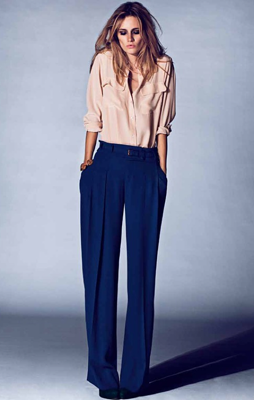 LE FASHION BLOG EDITORIAL COSTUME MAGAZINE SILK EQUIPMENT NUDE PINK BUTTON DOWN SHIRT ROYAL BLUE WIDE LEG PANTS  3