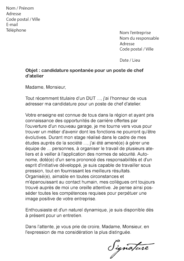 Lettre de motivation Chef d'Atelier - Modèle de Lettre