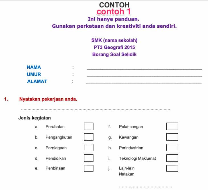 Borang Soal Selidik Geografi PT3 2017. Contoh Terbaik