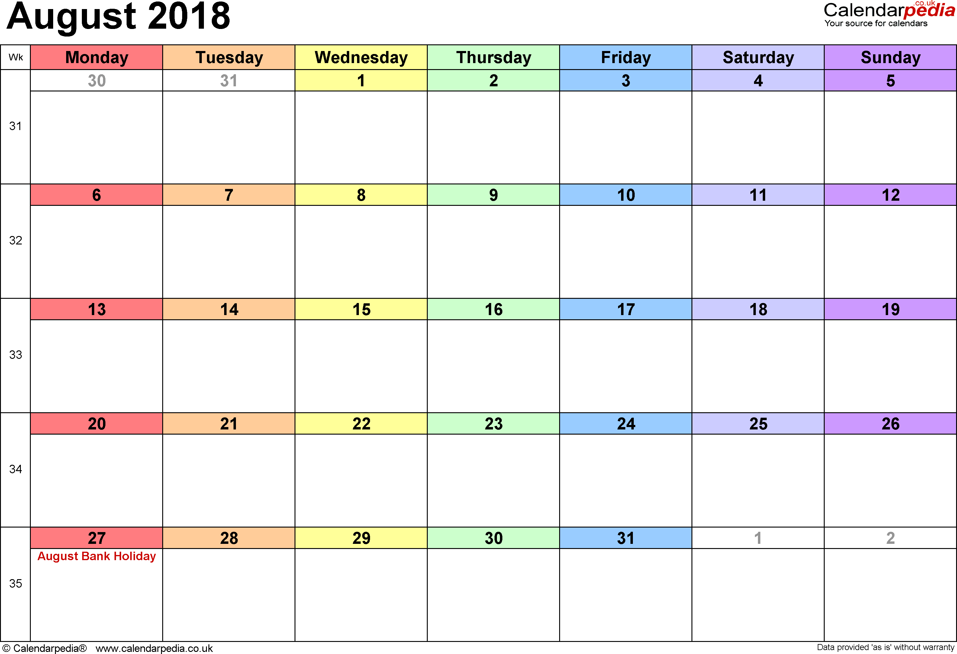 2018 august calendar template