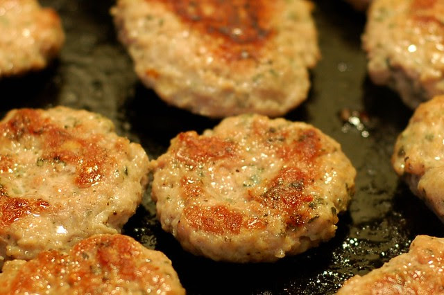 Frying homemade breakfast sausage patties by Eve Fox, Garden of Eating blog, copyright 2010