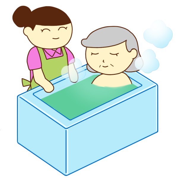 入浴介助の女性とおばあさんのイラスト かわいいフリー素材が無料のイラストレイン