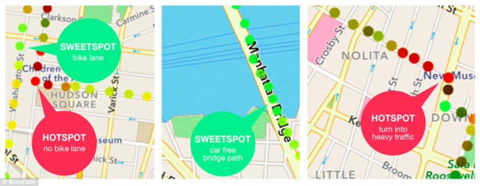 The new version of the helmet has a light that tells the cyclist if their anxious by glowing in area visible from the corner of their eye. Pictured is a map generated by the system which shows the 'hotspots' and 'sweet spots' in New York