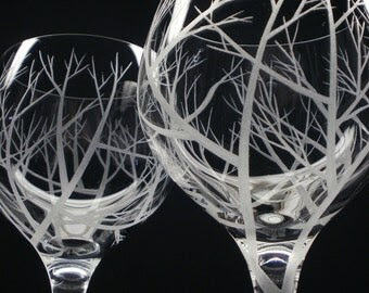 2 Red Wine Glasses Hand Engraved 'Reaching by daydreemdesigns