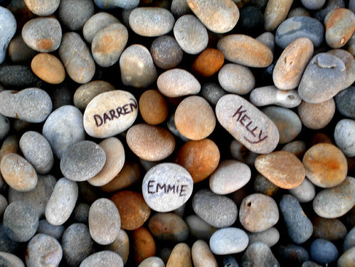 Names written on pebbles, Chesil Beach