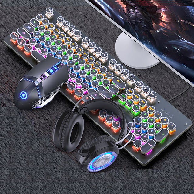 Amazing Mechanical Keyboard Black Axis Blue Switch Retro Punk Gaming
Keyboard Mouse Headphone Three Piece Set Cable for Desktop Loptap