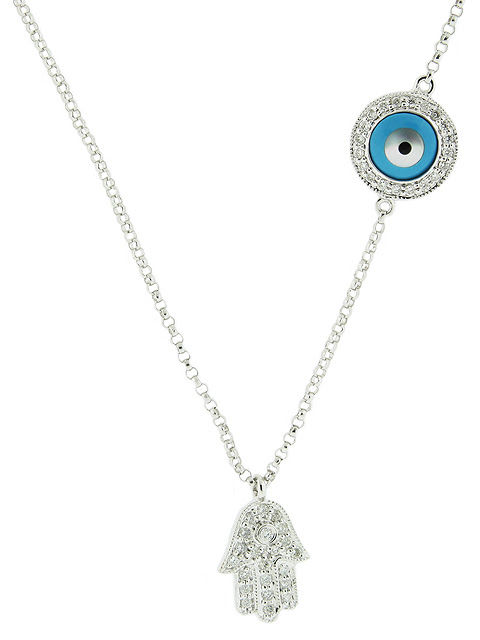 Diamond  White Gold Evil Eye Charm  Hamsa Necklace
