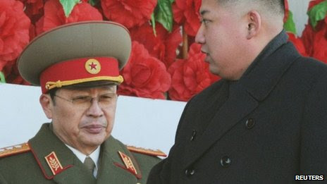 North Korean leader Kim Jong-un (R), flanked by his uncle North Korean politician Chang Song-thaek, at a military parade in Pyongyang on 16 November 2012