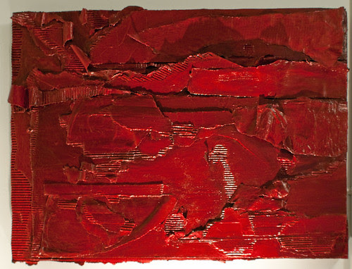 Ruby Horizon, ruby red maroon acrylic on cardboard sculptural bas-relief painting assemblage