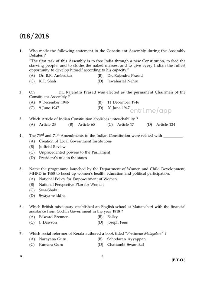 Kerala PSC Staff Nurse Question Paper and Answer Key