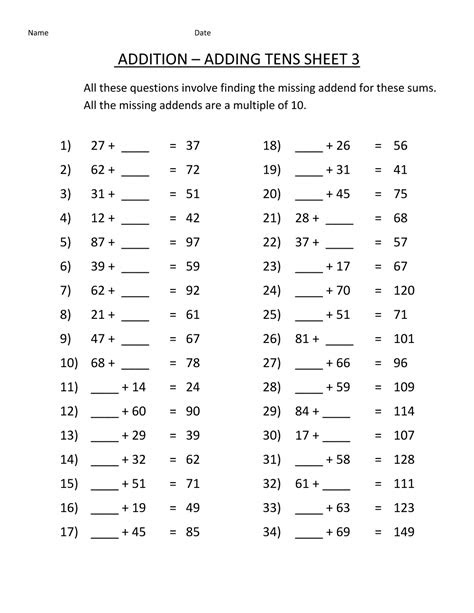  addition worksheet showing the missing numbers for each item in this