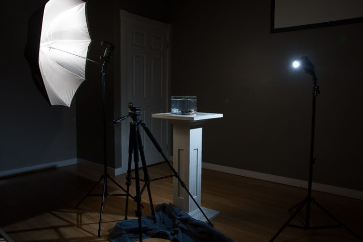 A behind the scenes shot of the setup for water splash photography